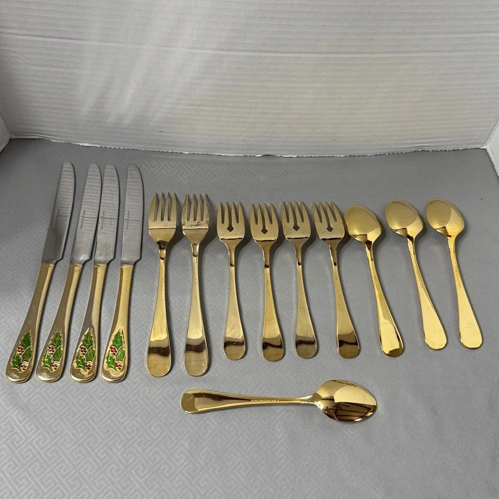 Holly Berry Gold Tone Stainless Steel Flatware 14 Pc Retired Pattern Japan